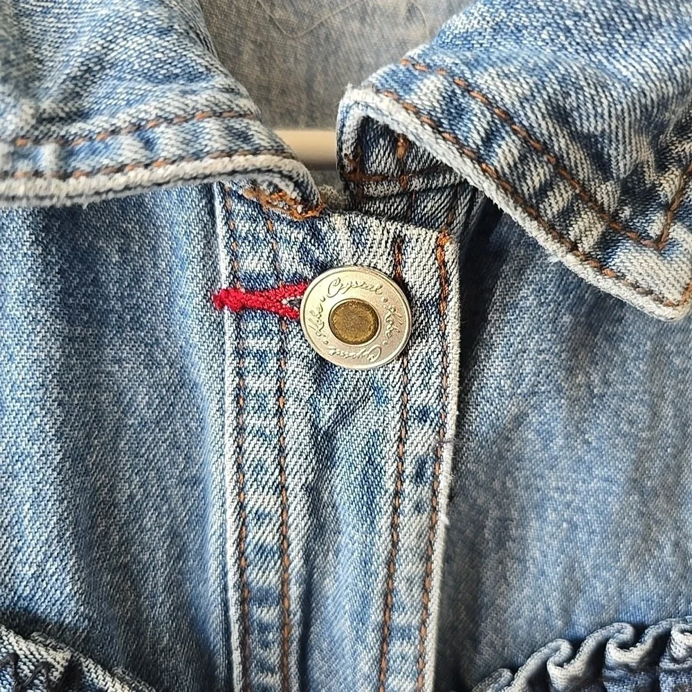Crystal Kobe Denim Jacket With Fabric & Beaded Heart Designs Button-Up Size S‎